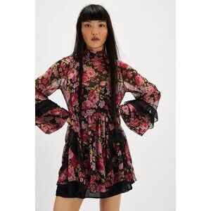 Free People Noella Tunic Mini Dress Floral Printed Turtle Ruffle Swingy M 277632